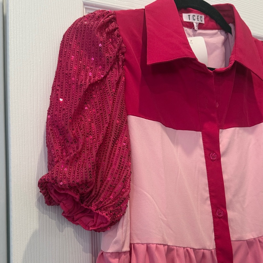 Pink Ombré Tiered Dress with Puff Sequin Sleeves - Picture 3 of 5